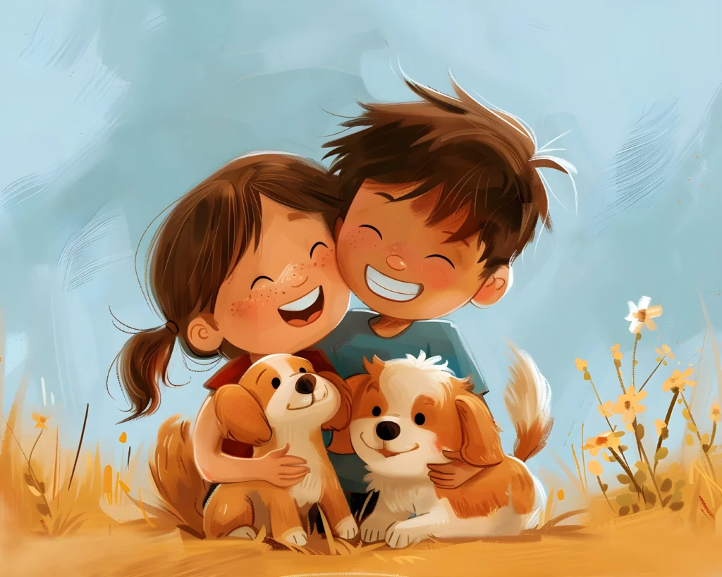 duas crianças fazendo carinho em cachorros de estimação ilustrando a importância dos cuidados com animais de estimação