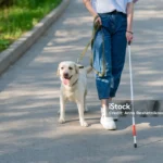 mulher cega ao lado de cão guia caminhando em um parque ilustrando o assunto sobre como cão guia e treinado