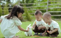 três crianças alimentando coelho branco com cenouras ilustrando o assunto cuidados essenciais com coelhos