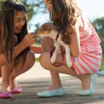duas meninas brincando com filhote de cachorro ilustrando o assunto das melhores raças de cachorro para crianças