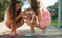 duas meninas brincando com filhote de cachorro ilustrando o assunto das melhores raças de cachorro para crianças